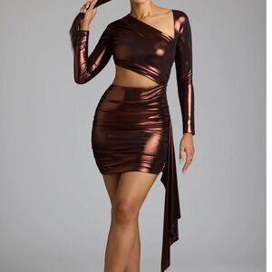 Oh Polly Metallic Copper One-Shoulder Asymmetric Cutout Dress